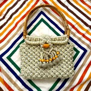 Vintage 60s 70s woven macrame bamboo handle wood basket purse bag tote